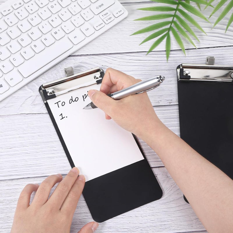 YONHTUTU 4 Pack Small Clipboards with Pen Holder 4X 8.66inch, Plastic Receipt Size Black Clipboard, Mini Clipboard with Retaining Clips, Narrow Memo Size Notepads for Tickets Home Restaurants Office School - Image 4
